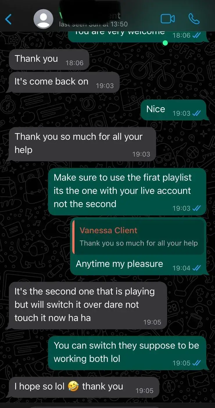 Screenshot of WhatsApp review from a satisfied lifetime IPTV subscriber